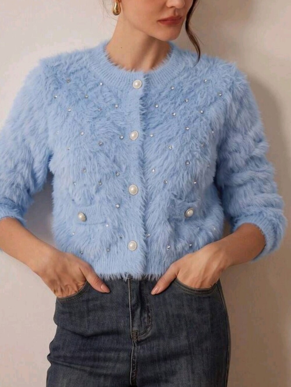 New Glam Rhinestone Faux Pearl Embellished Fluffy Knit Cardigan Sweater Blue